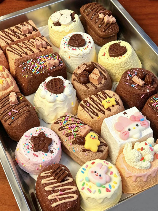 カップケーキ風スクイーズ詰め合わせ、チョコやクリームのデザイン各種