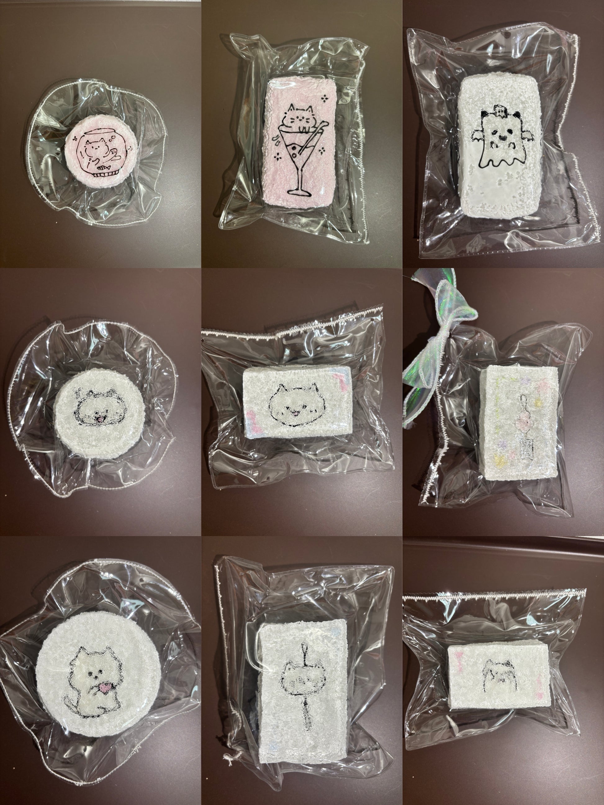 複数の刺繍入り小物（丸・四角）を透明袋で並べたセット